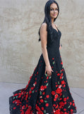 A-Line Spaghetti Straps Black Sweep Train A Line Prom Dresses with Flowers OKI74