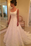 Elegant A Line Appliques Scoop Long Wedding Dress OKE93