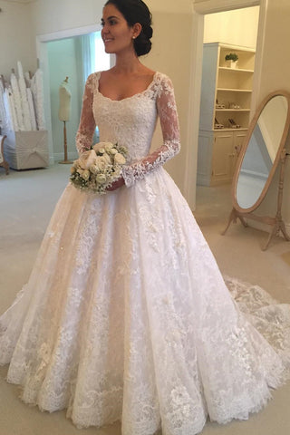 Long Sleeves Scoop Off White Lace A Line Elegant Wedding Dress OKG93