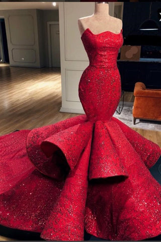 Charming Mermaid Red Long Beading Prom Dress, Evening Dress OKE61