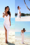 Sexy Backless Beach Bridal Dress,Slit Spaghetti Straps Summer White Wedding Gowns OK260