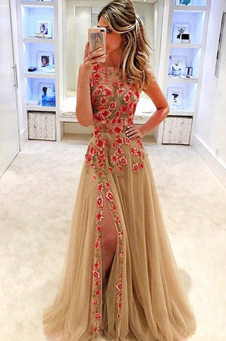 A Line Tulle Floral Appliques V-Neck Long Prom/Evening Dresses With Slit OK125