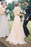 Pearl Pink A Line V-neck Sleeveless Floor-Length Tulle Wedding Dresses With Lace Appliques OK379