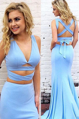 Sexy Mermaid Two-Piece V-Neck Blue Long Prom Dress OK125