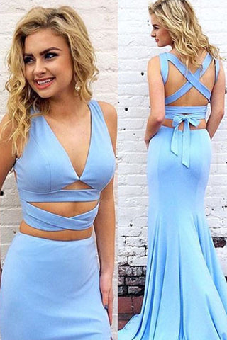 Sexy Mermaid Two-Piece V-Neck Blue Long Prom/Evening Dress OK125