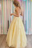 Yellow Lace Appliques A Line Tulle Prom Dresses Spaghetti Strap Formal Gown OK1971