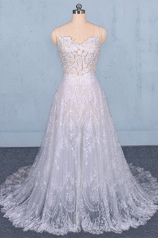A Line Spaghetti Straps Long Elegant Wedding Dress With Lace OKQ11
