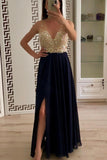 A Line Chiffon Long V Neck Beading Split Prom Dress OKI78