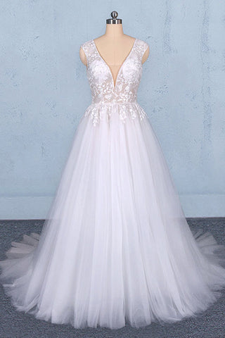 Stunning A Line V Neck Tulle Lace Appliques Wedding Dress, Bridal Dress OKQ12