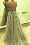 Sexy Side Split leeveless Tulle Evening Dress,Long Beading A Line Prom Dress OK429