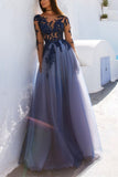  Charming Prom Dress,Long Sleeve Prom Dress,Appliques Prom Dresses,Sexy Prom Dress,See Though Evening Dress,Blue Prom Dresses