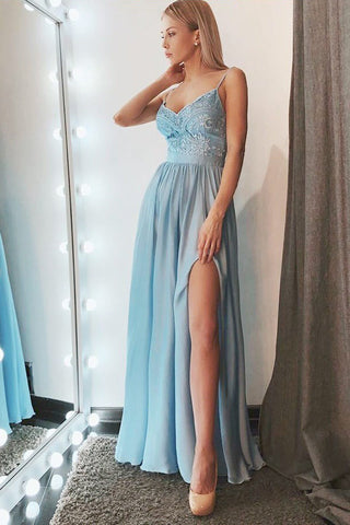 New A-Line Spaghetti Straps Blue Chiffon Long Prom Dress with Slit OKB26