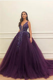Elegant Purple Tulle V-neck Neckline Floor-length Ball Gown Prom Dress OK1410
