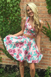 Two Piece Straps Floral Printed Cute Homecoming Dresses OKM21