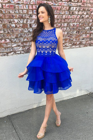 Cute A-line Lace Top Organza Skirt Royal Blue Tiered Short Homecoming Dress OKB73