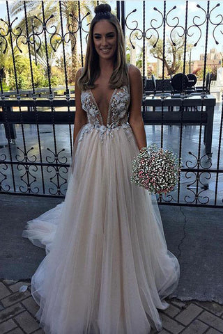 Sexy Evening Dress,Champagne Prom Dresses,V Neck Prom Dress,Tulle Prom Gown,Long Prom Dress,Cheap Evening Dress