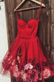 Burgundy Tulle Short Prom Dresses, Spaghetti Straps Homecoming Dress With Flowers OKL79