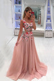 A Line Broad Straps Floral Appliqued Prom Dresses, Cheap Long Tulle Evening Dresses OKI33