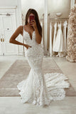 Elegant Spaghetti Straps V Neck Lace Fit and Flare Wedding Dress OK1088