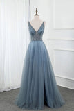 Sweet Blue Long V Neck Tulle Beading Backless Split Formal Prom Gowns OKW65