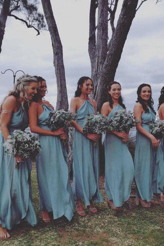 A-Line Cross Neck Backless Ankle-Length Blue Keyhole Chiffon Bridesmaid Dress OKR31