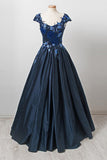 Charming Dark Navy Cap Sleeves A Line Long Prom Gowns with Appliques OKU28