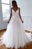 Off White Tulle Lace Appliques Long Wedding Dress A Line Bridal Dress OK1159