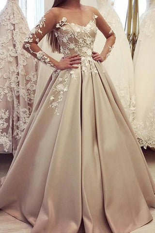 Gorgeous Bateau A Line Appliques Prom Dresses with Long Sleeves OKH37