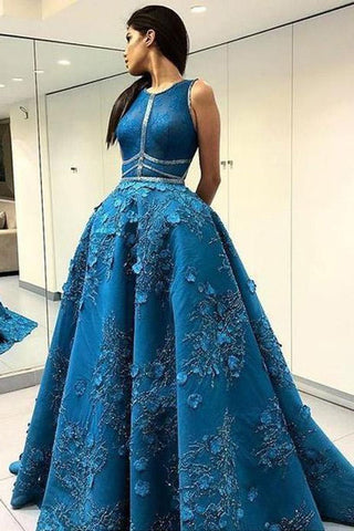 Unique Applique Formal A Line Blue Long Cheap Prom Dress OKF96