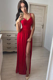 New Sexy Red Side Slit Spaghetti Straps Long Evening Prom Dresses OKD77