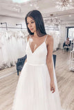 Tulle A-line Wedding Dress V-Neck Spaghetti Straps Lace Applique Chapel Train Bridal Dress OKW20