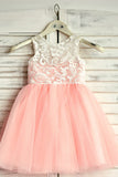 A-Line Round Neck Floor-Length Pink Flower Girl Dresses with Lace OKP19