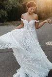 A-Line Off-the-Shoulder Boho Wedding Dresses with Appliques OKL58