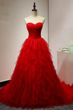 Chic Sweetheart A Line Zipper Back Red Ruffles Cheap Long Prom Dress OKG22