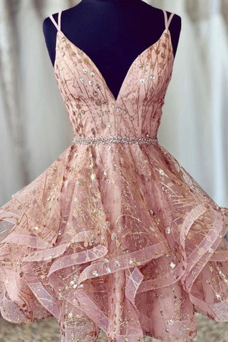 Chic Deep V-neck Pink Tiered Homecoming Dresses with Beading Appliques OKO38