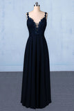 Navy Blue Chiffon V Neck A Line Long Prom Dress With Lace Top OKQ21