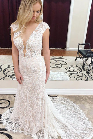 Mermaid Deep V-Neck Cap Sleeves Lace Elegant Wedding Dresses OKK41