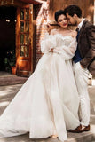 Ivory Tulle Off the Shoulder Bride Dress Simple Long Puffy Sleeves Wedding Gown OKW52